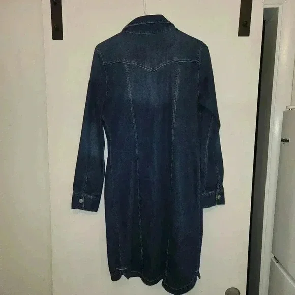 Denim Dress Button Down Long Sleeve Dark Wash Casual Shirt Dress - Picture 4 of 9